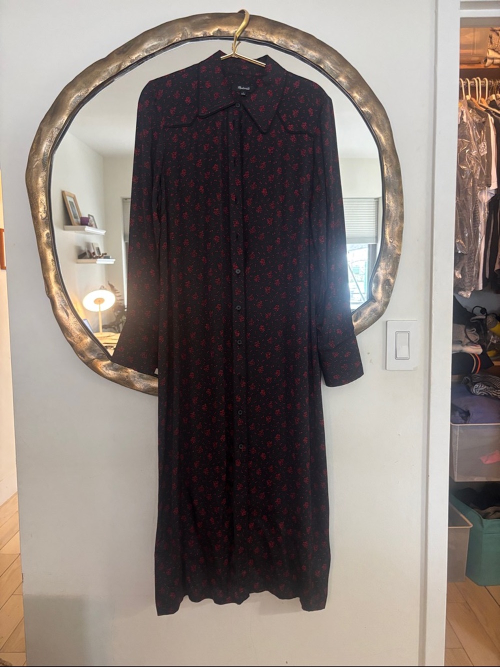 Madewell Black Long-Sleeve Button-Front Dress with Red Floral Print